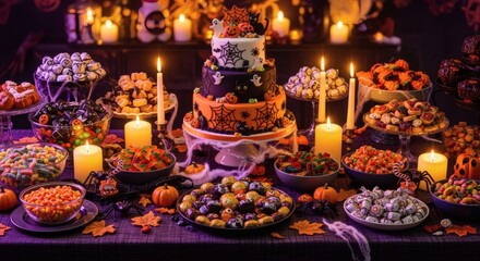 Fototapeta premium A festive Halloween cake centerpiece with candy and candles, with a photorealistic cozy styling and a spooky vibe.