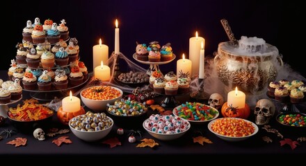 A photorealistic styled Halloween party food table with themed cupcakes, candy bowls, and glowing candles for a festive vibe.