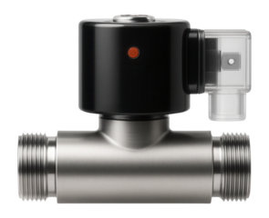 Tubular solenoid valve with threaded ends and electromagnetic coil for fluid control systems