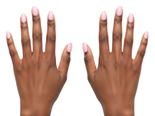 Two woman hands with extended fingers, smooth skin, polished nails, symmetry, balance, natural elegance, minimal beauty. display mockup for jewelry and watches. Transparanet background