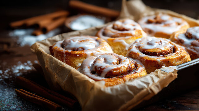Freshly baked cinnamon rolls with sweet icing glaze in a rustic tray. These golden, soft buns offer a comforting, indulgent treat for breakfast or dessert.