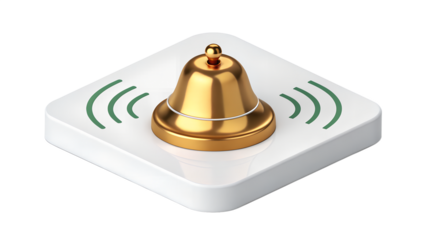 A golden service bell with radiating sound waves, isolated on a transparent background