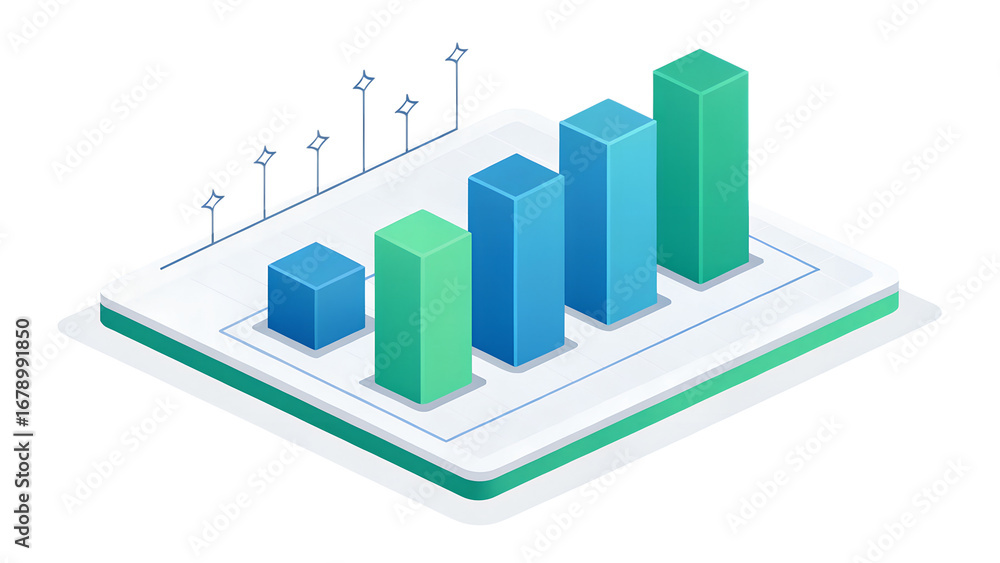 Poster an isometric 3d bar chart showing upward growth and progress, isolated on a transparent background