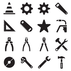 Set of Solid vector icon road cone vector, gear, work, star man, saw, corner ruler, plumber, pliers, side cutters, bolt cutter, disk, welding, wrench hammer, knife, toy. Vector black silhouette.