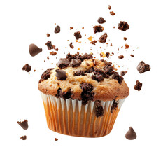Delicious chocolate chip muffin in midair with crumbs and chips flying around it
