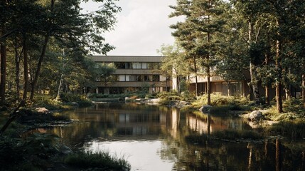 Fototapeta premium Modern suburban building by serene lake