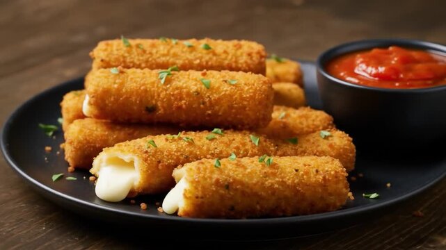 Golden mozzarella sticks with dipping sauce a classic appetizer for indulgent snacking