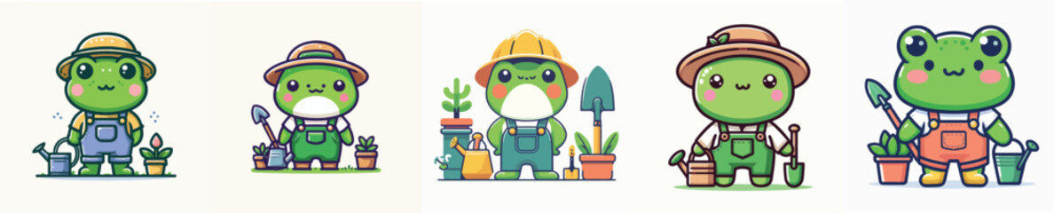 set of cute frog vectors gardening