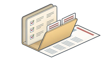 A golden folder holds documents and reports with completed checklist items, symbolizing organization and progress isolated on transparent background