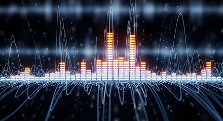 A vibrant digital audio equalizer with glowing orange and blue bars representing sound waves on a dark, abstract background.