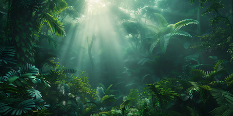 Obraz premium Sunlight filters through dense jungle foliage, highlighting vibrant green leaves and creating serene mystical atmosphere