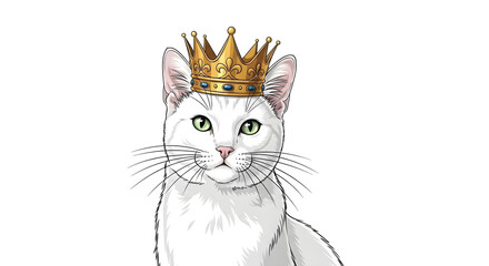 Obraz premium Whimsical watercolor portrait of a regal white cat wearing a golden crown