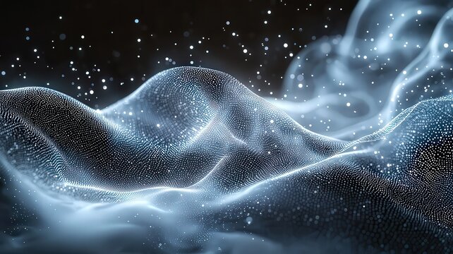 Abstract glowing waves wit sparkling particles, creaing a serene and ethereal tmosphere, perfect for bacgrounds in technology and ellness themes.