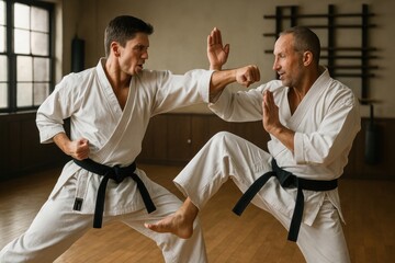 Karate practitioners sparring intensely.