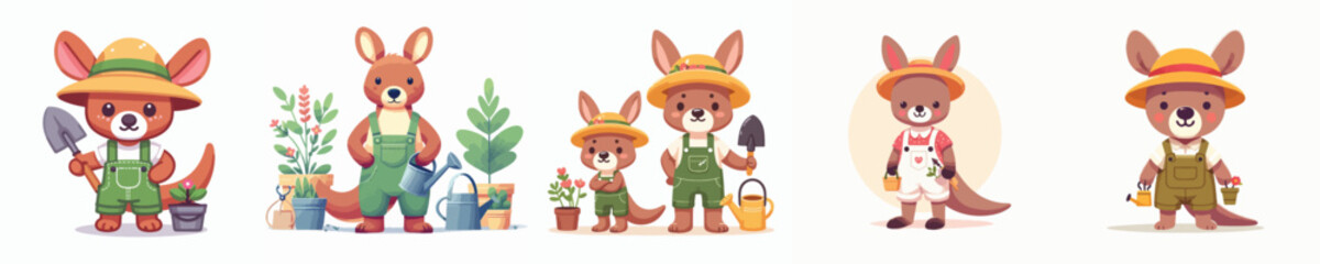 set of cute kangaroo vectors gardening