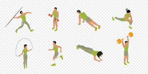 Sport children. Cartoon dance girls. Child with basketball ball, playing soccer raises barbell. Young healthy childhood vector illustration.