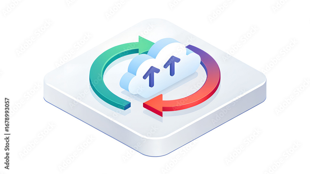 Poster cloud computing icon with arrows indicating data upload and synchronization isolated on transparent 