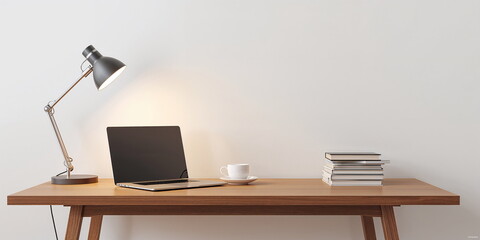 Minimalist Workspace With Wooden Desk Laptop Desk Lamp Coffee Cup And Books Representing Home Office Productivity And Modern Business Concept