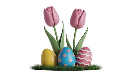 Fototapeta premium Delightful Easter Still Life Featuring Pink Tulips and Colorful Decorated Eggs on a Patch of Green Grass Celebrating Spring