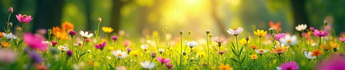 Fototapeta premium A vibrant spring meadow bursting with wildflowers, sunlight dappling through leaves, a gentle breeze swaying the blossoms Perfect for themes of freedom, joy, and renewal , vibrant, blossom, horizon