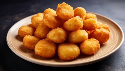 golden crispy tater tots plate of potato nuggets crispy fried potato bites golden brown potato puffs crunchy potato snacks savory appetizer comfort food crispy exterior soft interior bite size