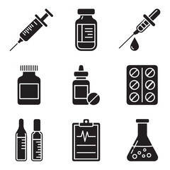 Set of vector isolated black icon - syringe vector, blood test vial, dropper, pills, bottle, blister, ampoule, pulse clipboard, flask. Vector black silhouette. with white background