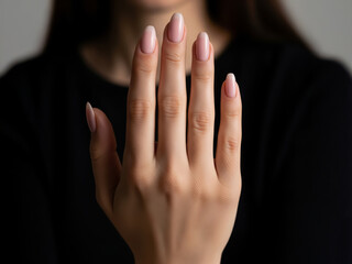 Close view of a woman&rsquo;s hand with elegant manicured nails displayed against a dark background