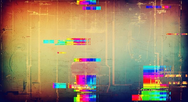 Abstract digital glitch art background with colorful pixelated noise and distressed circuit board texture.