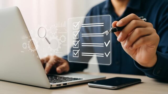 Completing Digital Checklist: Man Checking Off Tasks on Virtual List with Laptop and Phone - Business, Productivity & Organization Concept