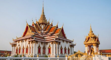 Fototapeta premium Majestic Thai Buddhist temple showcasing intricate golden spires, vibrant tiered roofs, and traditional architecture under a clear sky.