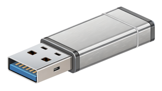A metallic usb flash drive with a blue connector, isolated on a transparent background