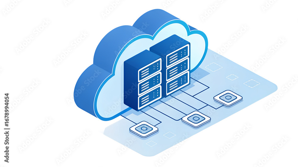 Poster a blue cloud icon contains servers connected to smaller data icons on a light blue grid background i