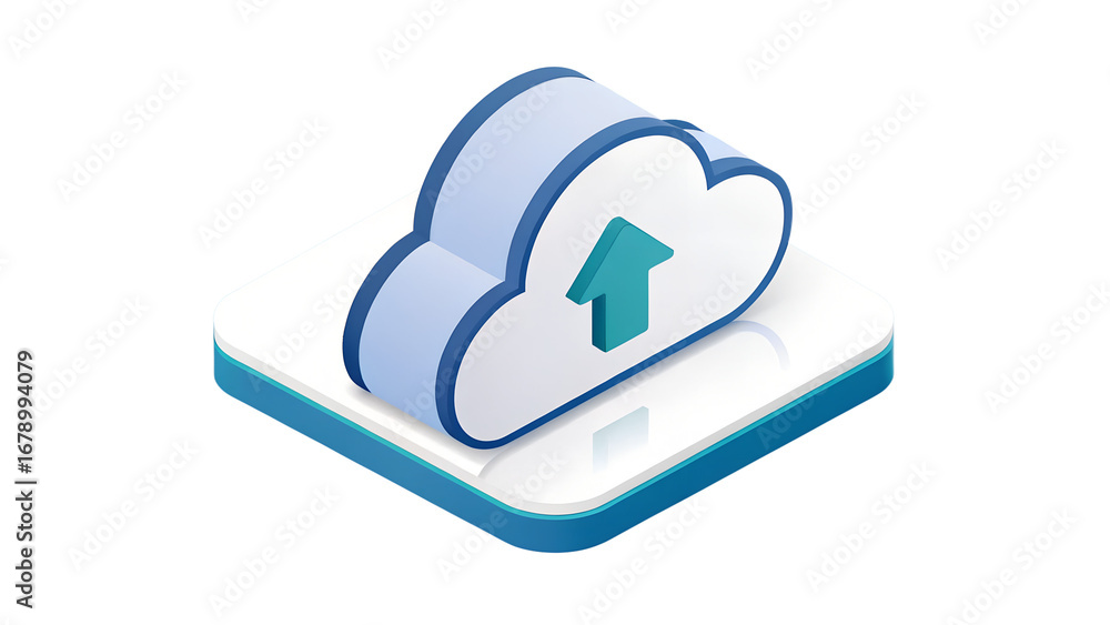 Poster a 3d isometric cloud icon with an upward arrow, symbolizing data upload and cloud storage isolated o