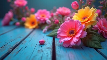 Pink yellow flowers arrangement on blue wooden surface pink flowers gerbera daisies