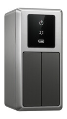 Line-interactive UPS featuring a sleek silver exterior and dual battery compartments