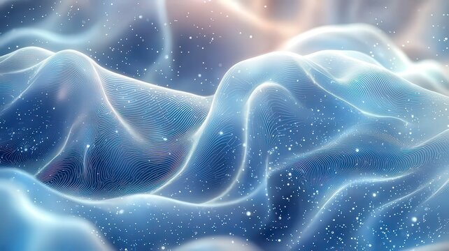 Dreamy abstract waves of sft blue and white, illuminted by shimmering stars, ceating a serene and etherel atmosphere for creative rojects.