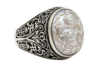 Ornate sterling silver ring featuring a detailed carved mother-of-pearl inlay depicting a figure.