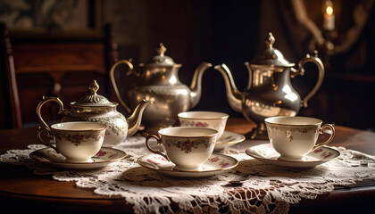 Elegant vintage silver tea set with delicate floral china cups on a lace tablecloth.
