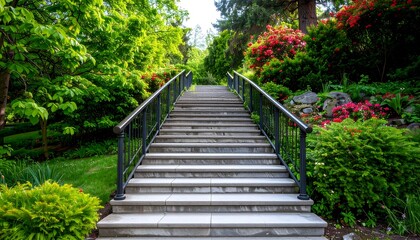 Park steps leading into a lush garden