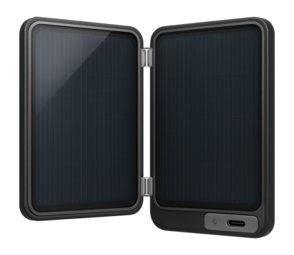 Solar-powered charger with foldable panels and USB-C output port for outdoor use