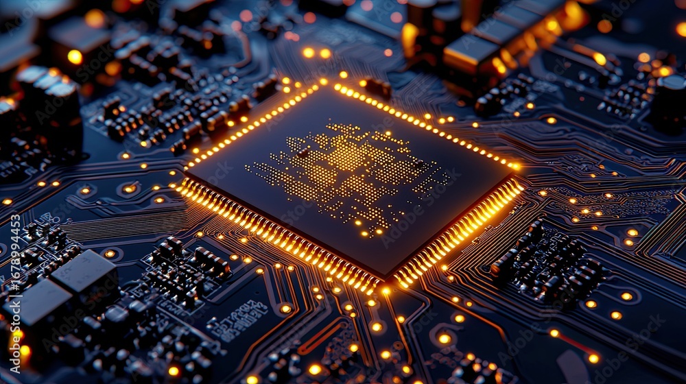 Aufkleber circuit board image showcases a close-up view of a circuit board with intricate details of a microch