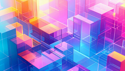 Futuristic gradient geometric background with transparent glass cubes, colorful abstract 3D render, neon digital design, holographic modern wallpaper, sci-fi vibrant texture, artistic composition