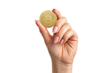 Female hand holding shiny golden bitcoin coin against white background symbolizing digital money finance technology concept