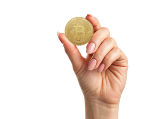Female hand holding shiny golden bitcoin coin against white background symbolizing digital money finance technology concept