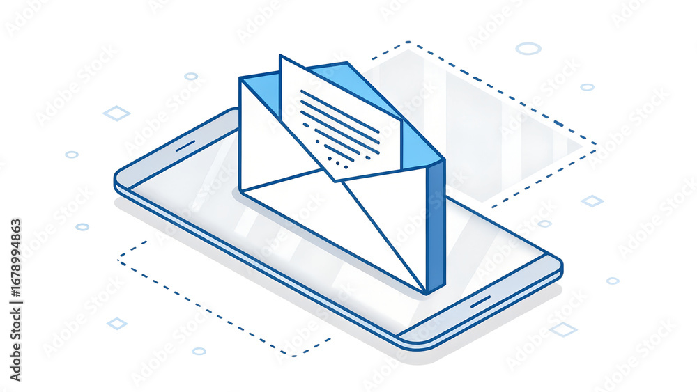 Poster an illustration of an email message emerging from a smartphone screen isolated on transparent backgr