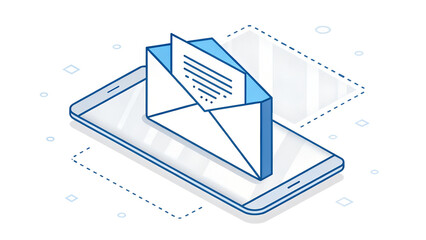 An illustration of an email message emerging from a smartphone screen isolated on transparent background