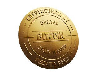 Golden digital coin displaying Bitcoin symbol with cryptocurrency text emphasizing decentralized peer to peer financial concept