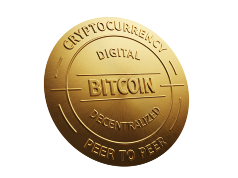 Golden digital coin displaying Bitcoin symbol with cryptocurrency text emphasizing decentralized peer to peer financial concept