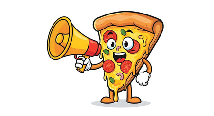 Cartoon slice of pizza with arms and legs holding a megaphone announcing something