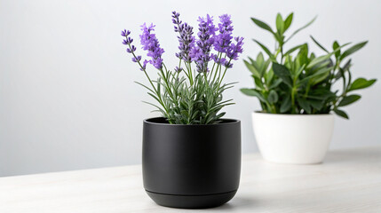 Lavender plant in elegant black pot for modern home interior decoration and natural fragrance